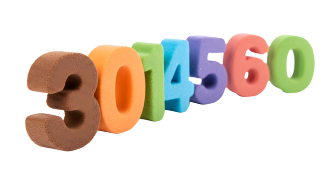 BABY TOYS - Colorful foam numbers from zero to six arranged in a row isolated on white background, perfect for educational materials and children's learning