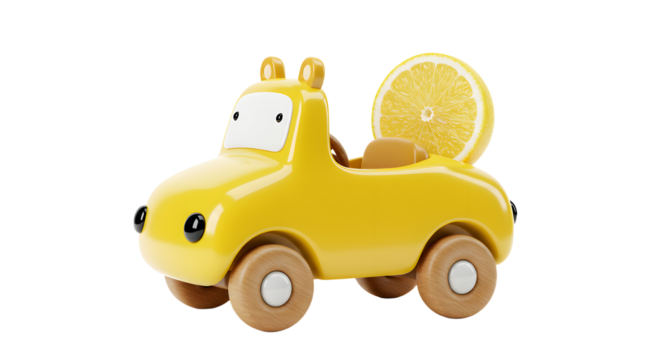BABY TOYS - Yellow toy car with a slice of lemon in the back, creative concept for kids and freshness, perfect for product and food photography