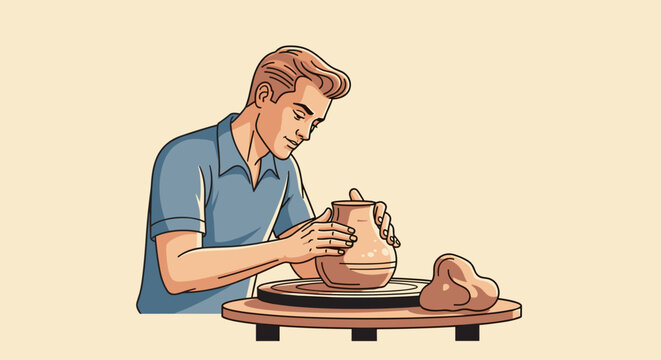A skilled male artisan meticulously crafts a beautiful ceramic pot on a pottery wheel, showcasing traditional hand-making techniques.