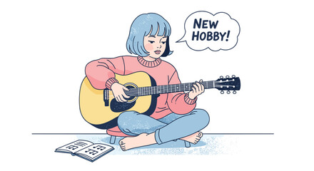 A young woman with blue hair happily discovers her passion for music, learning to play the acoustic guitar as a delightful new hobby.