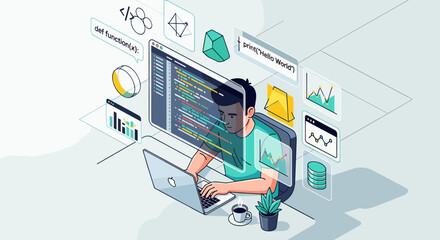 This modern illustration depicts a focused programmer actively engaged in software development, surrounded by intricate digital elements and data visualizations.