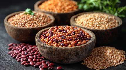 Fototapeta premium Beautiful arrangement of various colorful legumes in bowls Generative AI