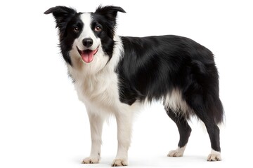 A border collie dog stands alert with its tongue out.