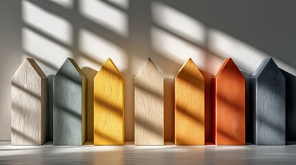 Wooden house shapes standing in a row, featuring varied colors and textures, representing property choice, community living, and housing options illuminated by window light and shadow