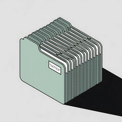 Conceptual Illustration of File Folder Cabinet: Isometric View with Note Tab, Organized Documentation and Data Storage in Office Desktop Setting on Isolated Background
