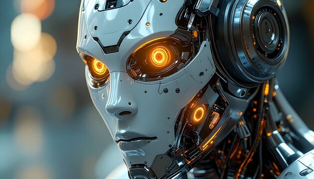Enigmatic close-up of a sophisticated humanoid robot, its glowing digital eyes and intricate mechanical details embodying advanced artificial intelligence, future technology, and innovation