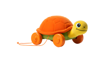 BABY TOYS - Orange turtle pull toy with wheels and smiley face isolated on white background, classic wooden children's toy for early learning and playtime