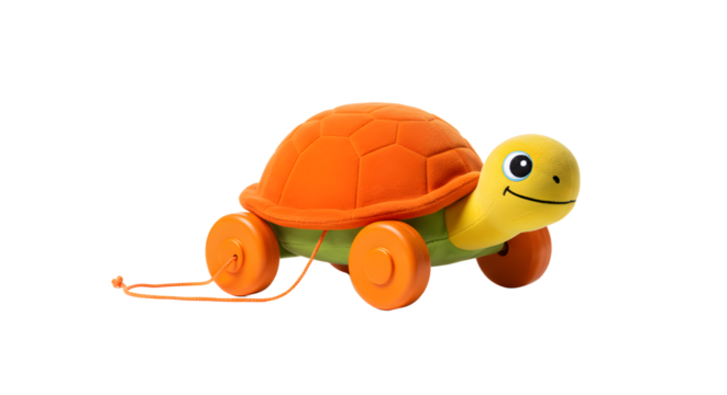 BABY TOYS - Orange turtle pull toy with wheels and smiley face isolated on white background, classic wooden children's toy for early learning and playtime