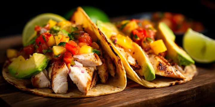 Grilled chicken tacos with mango salsa, avocado, and lime on a wooden board. Food concept