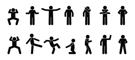 stick figure, set of icons people, basic movement, man poses, pictogram human silhouettes