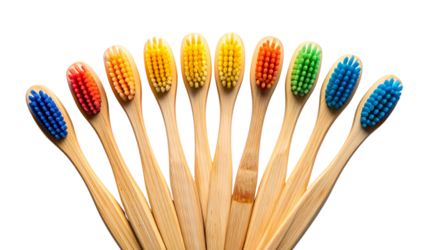  Top-Down View of Seven Natural Bamboo Toothbrushes with Rainbow Bristle Colors PNG