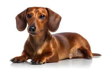 A brown dachshund dog lies down calmly on a white background.