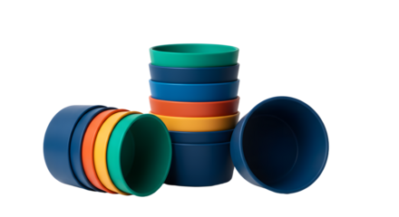 BABY TOYS - Stack of colorful plastic cups in blue, green, orange, and teal colors isolated on white background, perfect for parties and picnics