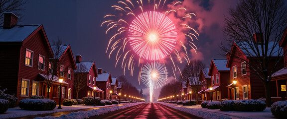 Colorful fireworks exploding over a snowy street lined with houses  