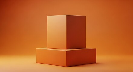 Obraz premium Two orange cubes stacked on a surface, minimalist 3d render with warm lighting