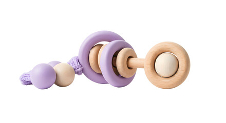 BABY TOYS - Wooden and silicone baby teether toy in soft pastel purple and natural wood colors, safe infant rattle for soothing gums and sensory development