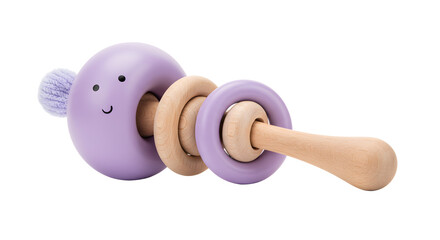 BABY TOYS - Wooden baby rattle with purple painted smiling face and rings, natural toy for infants and toddlers