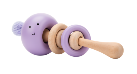 BABY TOYS - Wooden baby rattle with purple painted smiling face and rings, natural toy for infants and toddlers