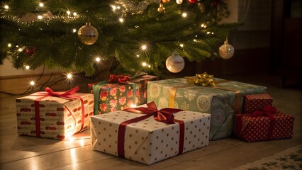 Christmas gifts under glowing tree lights holiday celebration background