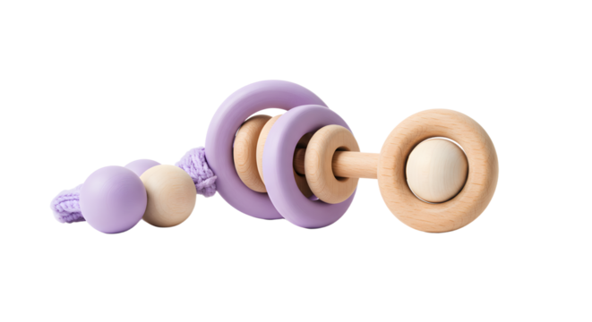 BABY TOYS - Wooden and silicone baby teether toy in soft pastel purple and natural wood colors, safe infant rattle for soothing gums and sensory development