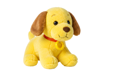 BABY TOYS - Yellow plush dog toy with brown ears and red collar, isolated on white background, soft and cuddly stuffed animal perfect for children and gift ideas