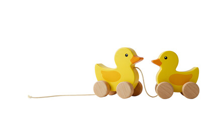 BABY TOYS - Yellow wooden duck pull toys on wheels with string, isolated on white background, perfect for children's playtime and early learning