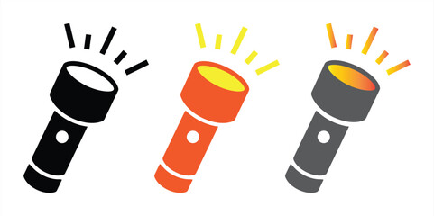Flashlight Icon Set with Light Beam in Black, Orange, and Gray