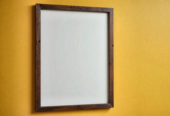 Blank vertical wooden picture frame hanging on a vibrant yellow wall, a simple and modern mockup template