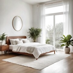 Bright and airy minimalist bedroom interior with a wooden bed, white bedding, large window, and lush green potted plants creating a serene atmosphere