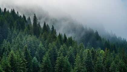 Misty Dark Green Forest With Tall Evergreen Trees Blankets A Mountainside