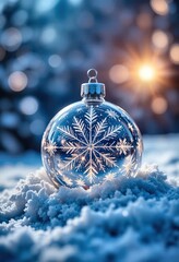 Clear glass christmas ornament with intricate snowflake design on fresh snow, illuminated by a warm sun flare and soft blue bokeh