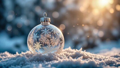 Clear glass christmas ornament with intricate snowflake design resting on fresh snow with warm bokeh lights