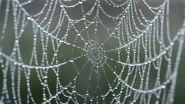 Intricate spider web covered in tiny water droplets, glistening like jewels in the soft morning light, showcasing natures delicate artistry