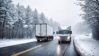 Delivery trucks pass on a snowy highway during a winter storm. Snowflakes and frosted trees set a cold, hazardous scene.