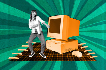 Full 3d poster art pop collage of happy businesswoman businessman stand pc monitor desktop mouse tool freelancer occupation