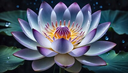 Dramatic lotus in full bloom, lit like a jewel. Dewy petals radiate purple and white over dark water.