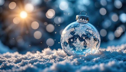 Elegant glass christmas ornament with a snowflake design resting in the snow with a warm, magical bokeh background