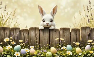 Cute white bunny peeks over a rustic fence. Spring flowers and pastel eggs glow in warm morning light.