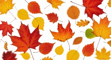 Fototapeta premium A Vibrant Collection of Autumn Leaves in Various Shades of Red, Yellow, and Orange Captured Against a Clean White Background