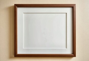 Empty wooden picture frame with a white mat on a beige wall, providing clean copy space for text or image insertion