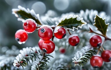 Frosted holly berries and sharp leaves in crisp focus. A wintry macro celebrates seasonal color.