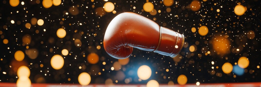 Vintage Boxing Gloves Suspended in Motion with Sparkles and Bokeh Creating a Dynamic Still Life