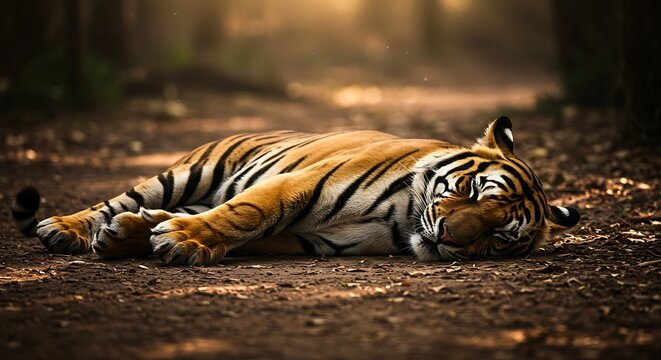 Resting tiger lying on a forest path with warm sunlight highlighting its form