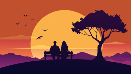 Couple sitting on bench at sunset scenery on transparent background silhouette