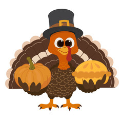 Cute Thanksgiving turkey wearing pilgrim hat holding pumpkin and pie. Flat vector illustration for festive greeting cards, invitations, and holiday decorations.