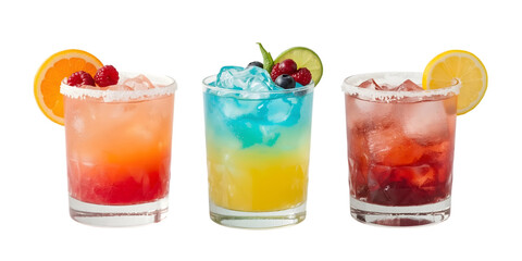 Trio of Refreshing Cocktails: A trio of vibrant cocktails, each adorned with fresh fruit garnishes and ice, stand invitingly against a clean background, ready to quench thirst.