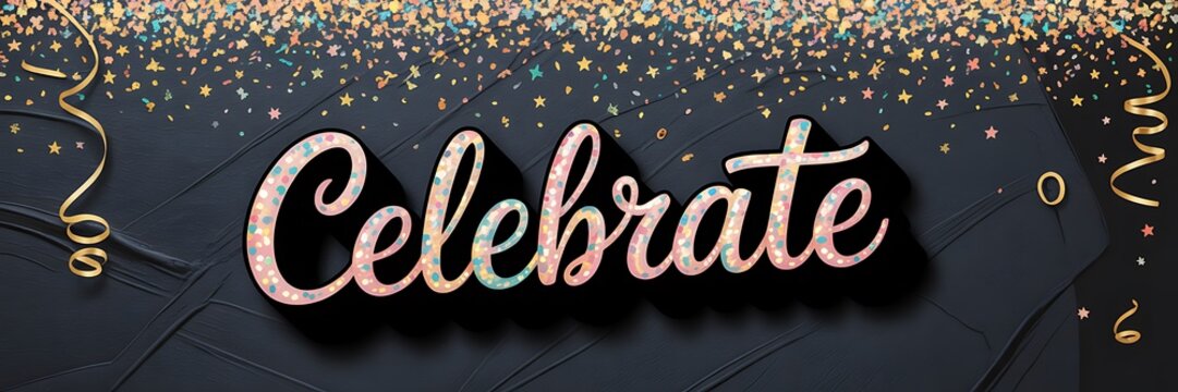Celebrate text with glitter and confetti on a dark background, perfect for party invitations and festive occasions