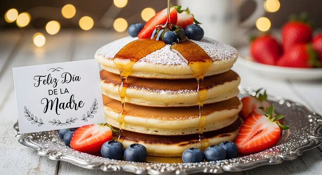 Delicious Stack of Pancakes with Berries and Syrup for Mothers Day. - Powered by Adobe