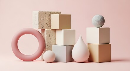 A pastel pink and beige abstract composition of geometric shapes, including cubes, spheres, and a torus, arranged on a soft pink background