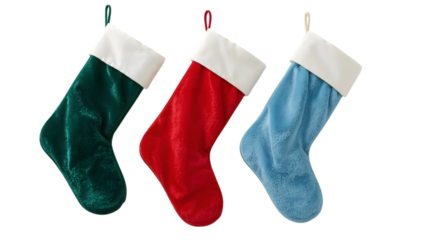 Festive Trio of Christmas Stockings: A charming assortment of colorful Christmas stockings hang with festive anticipation, each one ready to be filled with joyful surprises. 